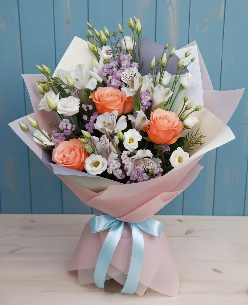 Букет цветов из: Лизиантусы, Розы, Альстромерии и Гипсофила в Кочубеевском