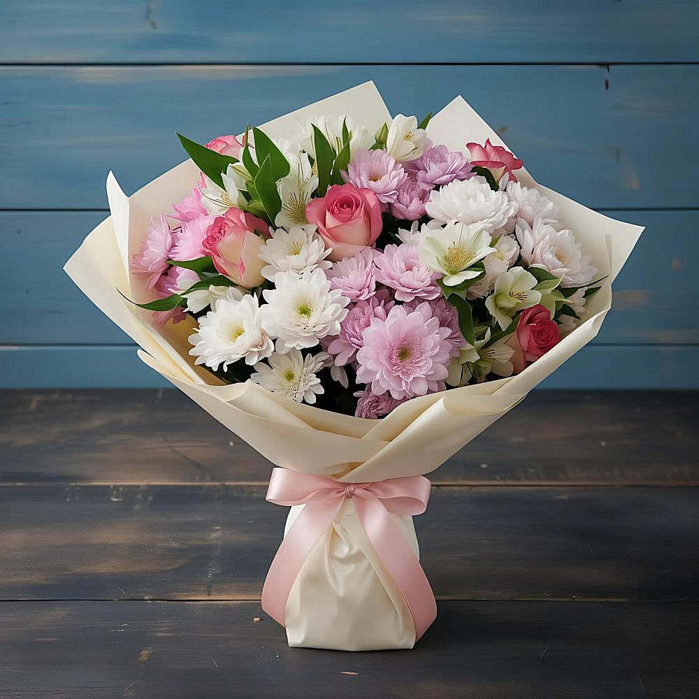 Букет цветов из: Хризантемы, Альстромерии и Розы в Кочубеевском